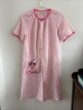 Vintage Sweet Dreams Pink Striped Snap-Front Nightgown with Bright Pink Trim.